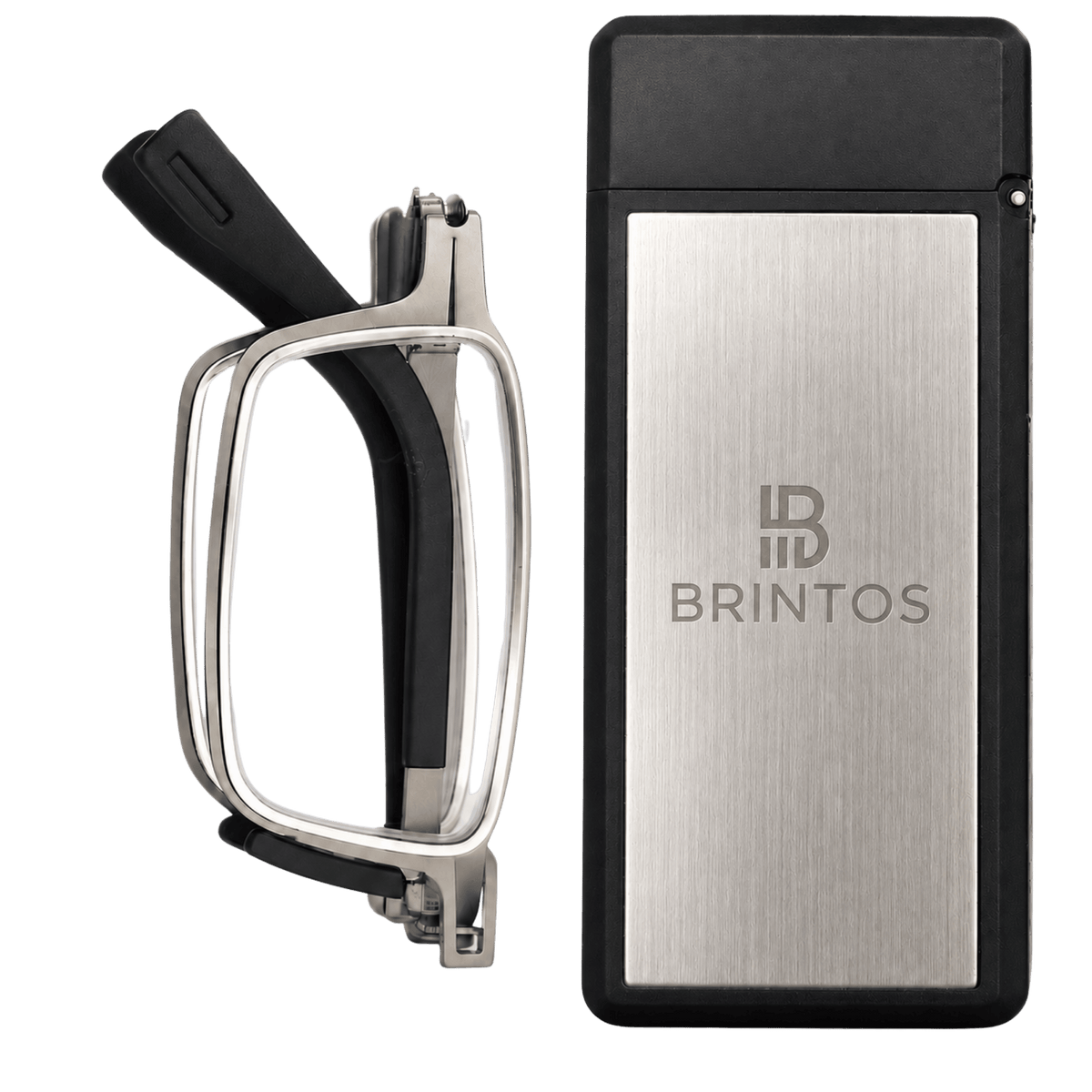 Gafas de lectura BRINTOS INOX SERIES plegadas junto a su estuche rígido compacto