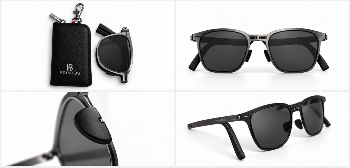Composición de gafas de sol BRINTOS GRAPHITE SUN abiertas, plegadas y con estuche