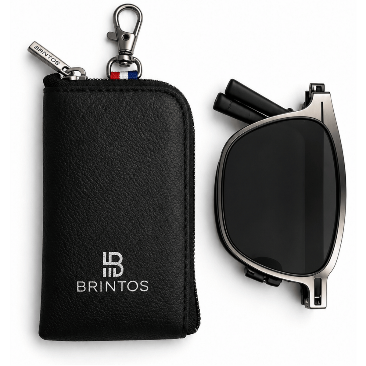 Gafas de sol BRINTOS GRAPHITE SUN plegadas junto a su estuche negro con cremallera