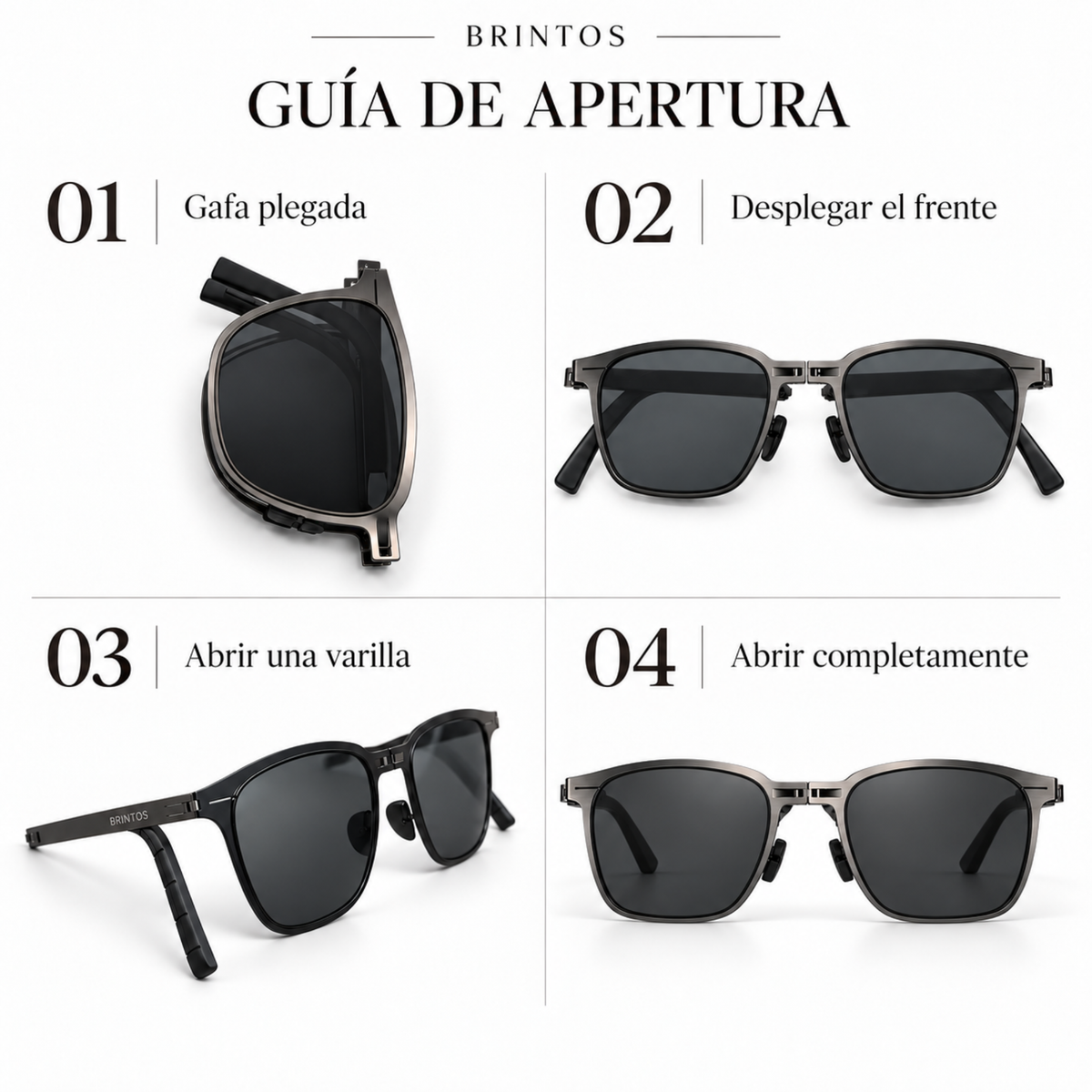 Guía de apertura de las gafas de sol plegables BRINTOS GRAPHITE SUN en cuatro pasos