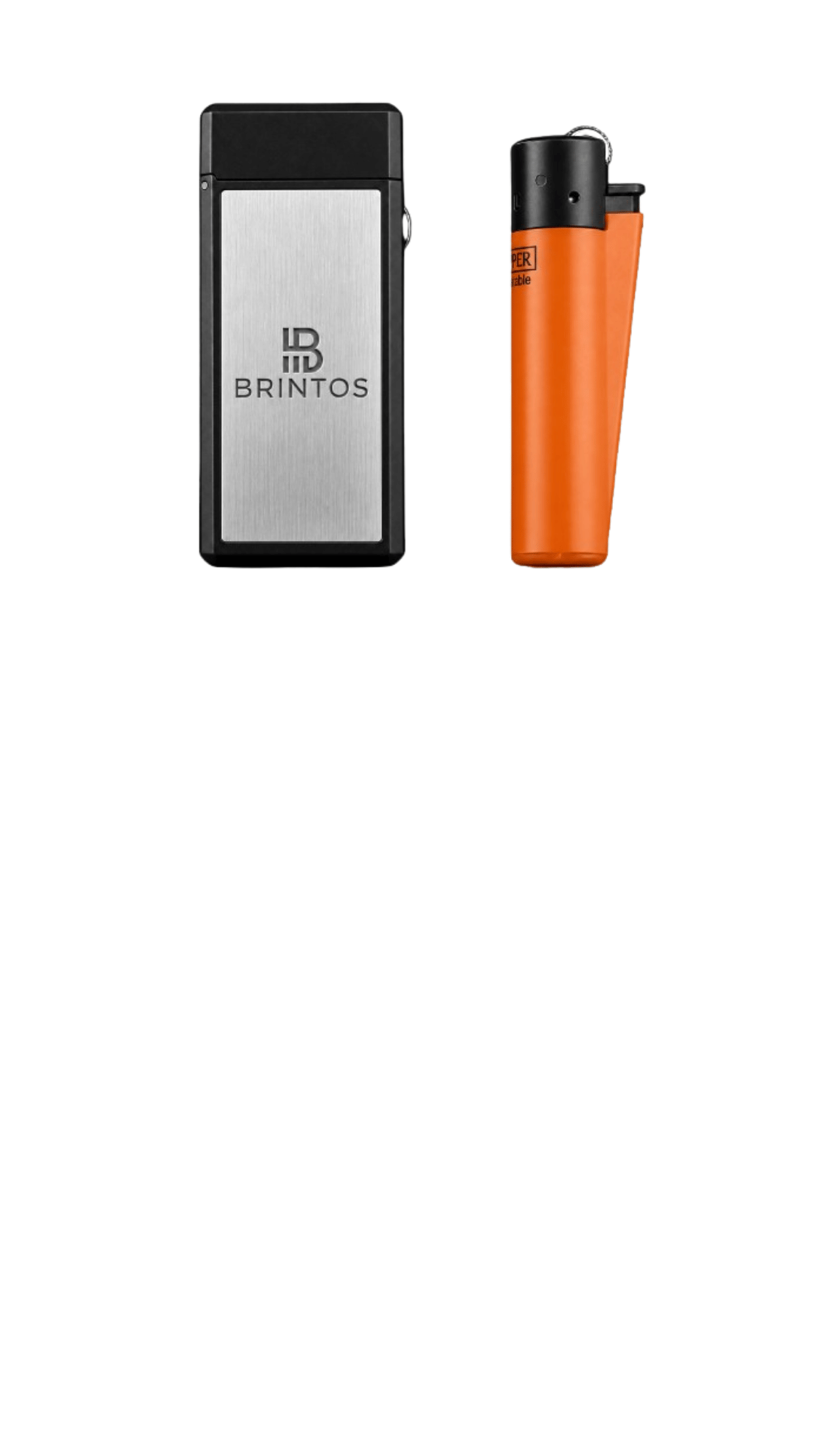 Estuche compacto de gafas de lectura BRINTOS junto a un encendedor como referencia de tamaño