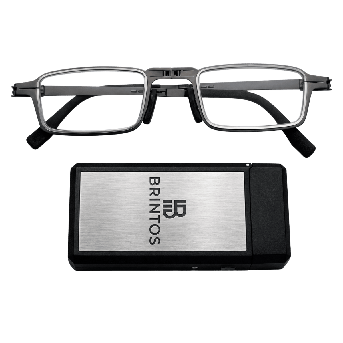 Gafas de lectura BRINTOS INOX SERIES abiertas y estuche compacto sobre fondo verde