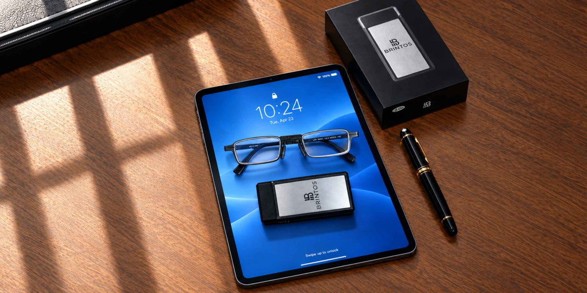 Gafas de lectura BRINTOS INOX SERIES con estuche sobre una tablet en un escritorio