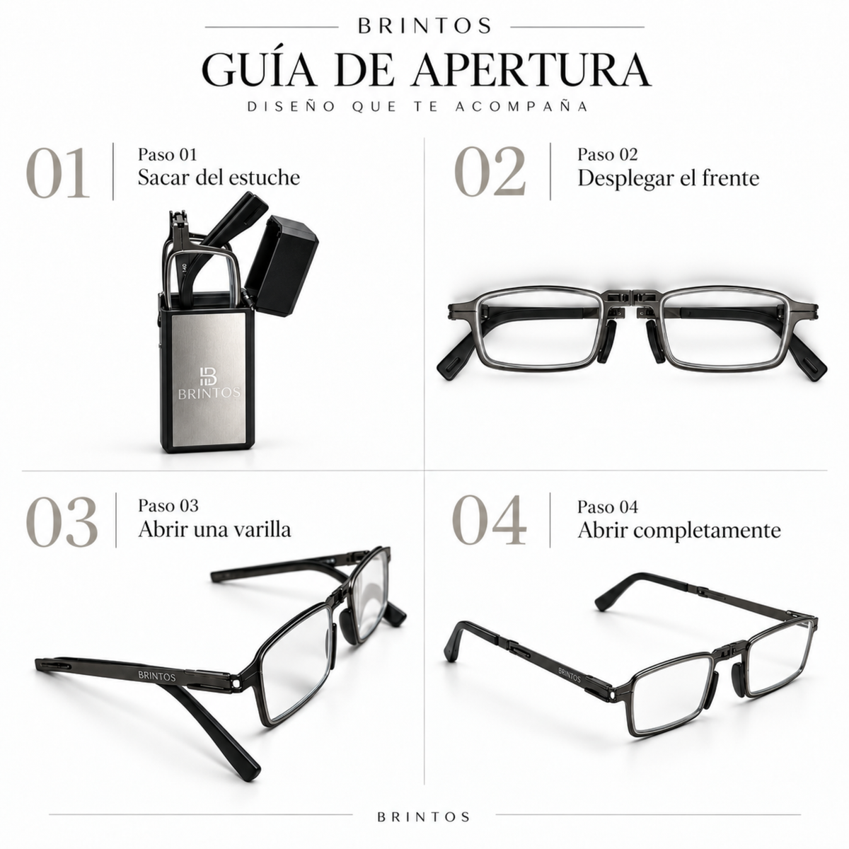 Guía de apertura de las gafas de lectura BRINTOS INOX SERIES en cuatro pasos